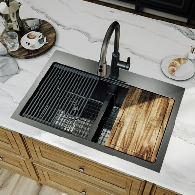 Karran Elite 33" Top Mount Workstation 16 Gauge Stainless Steel Double Bowl Kitchen Sink in Gunmetal Black