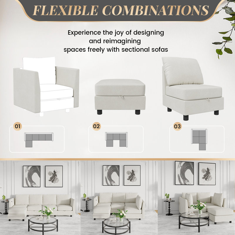 5-Piece L-Shaped Modular Sectional Sofa, Beige Chenille