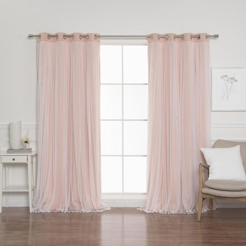 Fortuna Brockham Solid Tulle Overlay Room Darkening Grommet Curtain Panels, Dusty Pink, 52" W x 108" L
