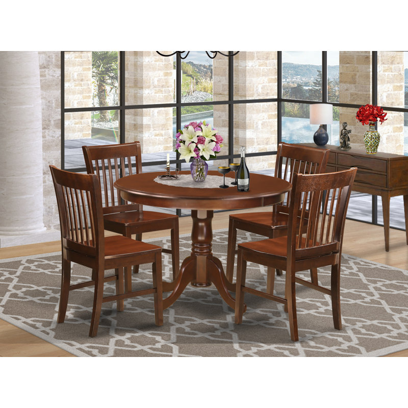 Ensemble de table à manger 5 pièces pour 4 personnes comprenant une table ronde avec piédestal et 4 chaises de salle à manger, acajou