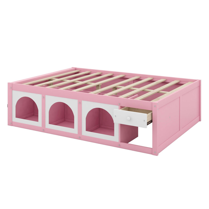 Lit plateforme peu encombrant avec bibliothèque, éclairage à DEL et tiroir de rangement, Double, Rose et blanc