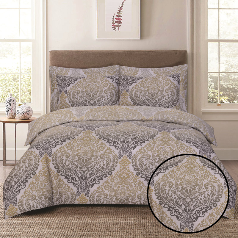 Complete Bedding Set Cotton Rich Damsk Duvet Cover, Fitted Sheet & Pillowcases Soft, Breathable & Wrinkle-Resistant, Ochre