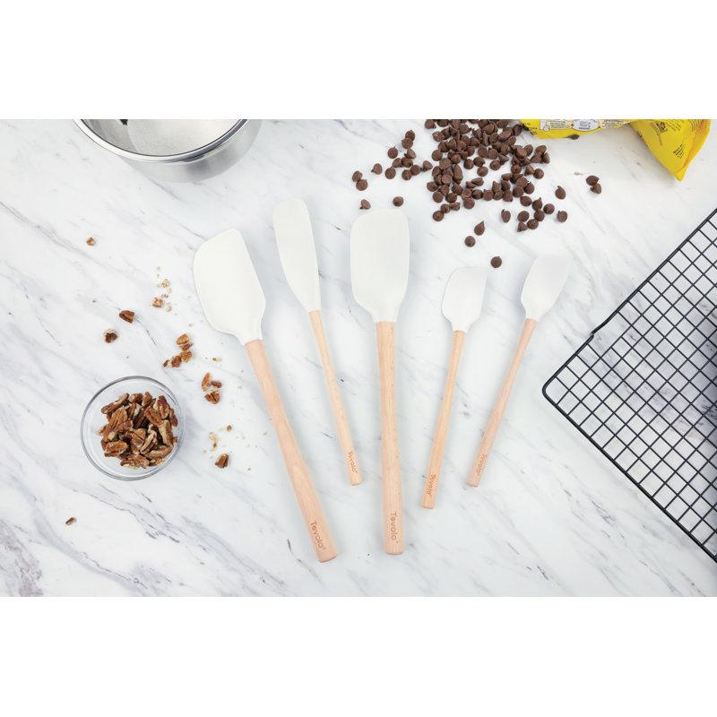 Ensemble de 5 spatules en silicone Tovolo Flex-Core avec poignées en bois naturel pour la cuisson, Blanc