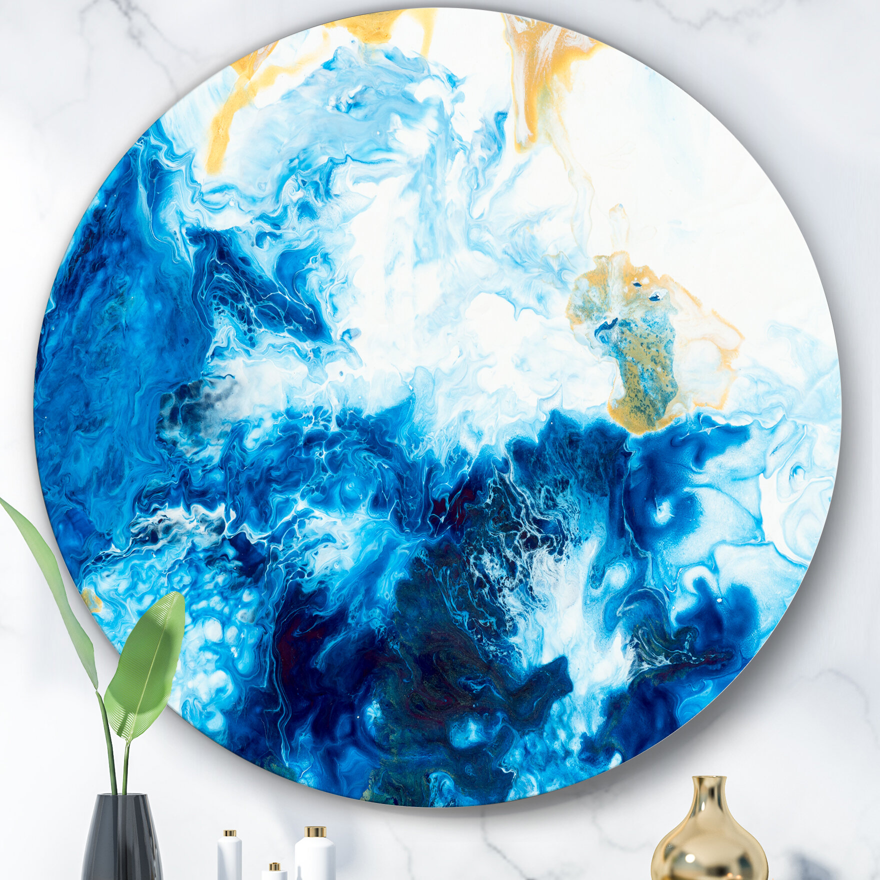 Bless international Blue And Gold Ocean Abstract Marble On Metal Circle ...