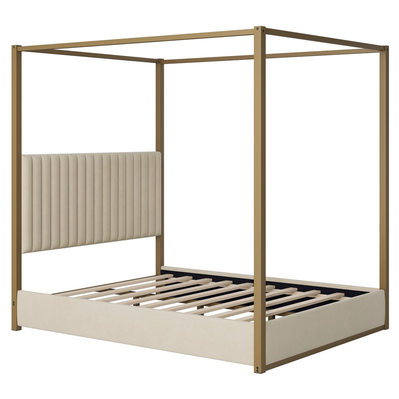 Grand lit plateforme à baldaquin avec tête de lit et structure en métal, beige