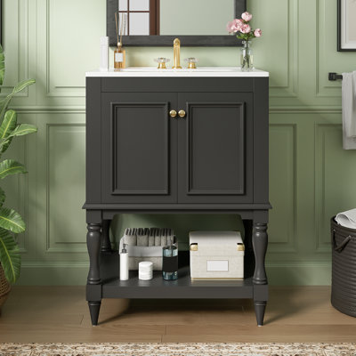 Meuble-lavabo de 61 cm (24 pouces) avec lavabo en céramique brillante, style rétro, tablette ouverte pour un usage quotidien, compartiment fermé discret, design élégant et lisse à l'arrière, rangements essentiels.