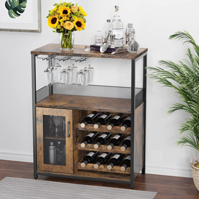Wine Bar Rack Cabinet With Detachable Wine Rack, Bar Cabinet With Glass Holder, With Mesh Door