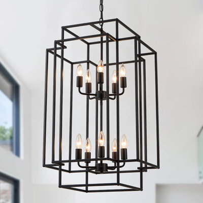 30 Inch Chandelier For High Ceilings, 10-Light Modern Farmhouse Entryway Lighting Fixture, Adjustable Industrial Lantern Pendant Light For Foyer And Staircase