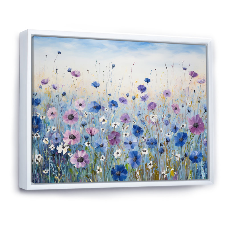 Divine cornflowers Blooming Field III - Art mural champ de fleurs, H 24 po x l 32 po x P 1 po, Cadre flottant blanc
