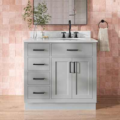 Jameal 36'' Solid Wood Single Bathroom Vanity with 0.75'' Carrara Marble Top, Right Offset Oval Sink
