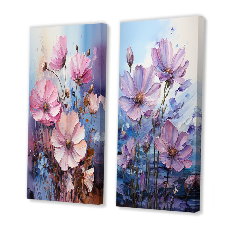«Pink Morning Glory», art liquide, champ de fleurs - fleurs sauvages, ensemble de 2 impressions sur toile, Toile tendue