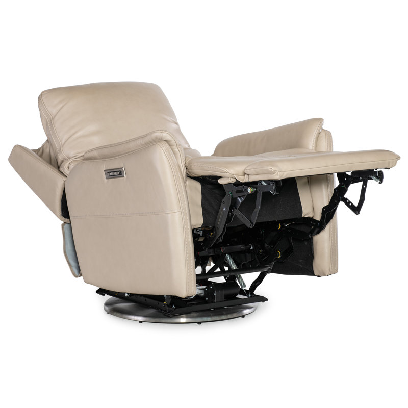 Beige Leather Swivel Recliner with Silver Base