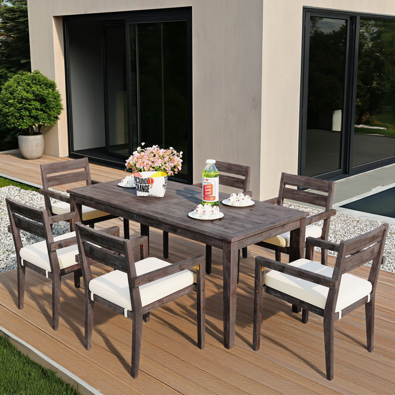 Ensemble repas d'extérieur 7 pièces en bois d'acacia, table résistante aux intempéries grise de 70,9 pouces et 6 fauteuils assortis