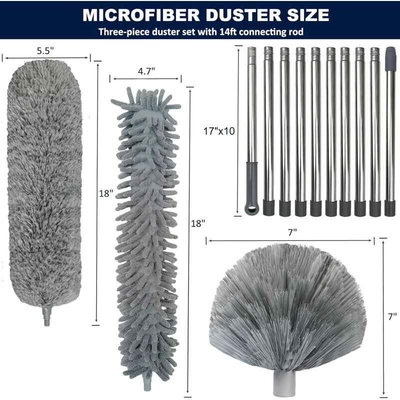 20+ Feet High Reach Duster Kit With 3-14 Ft Extension Pole For Cleaning Fan, Spider Web, High Ceiling, Blinds, Furniture, Cars - Cobweb Microfiber Duster // Outdoor & Indoor Extendable Duster