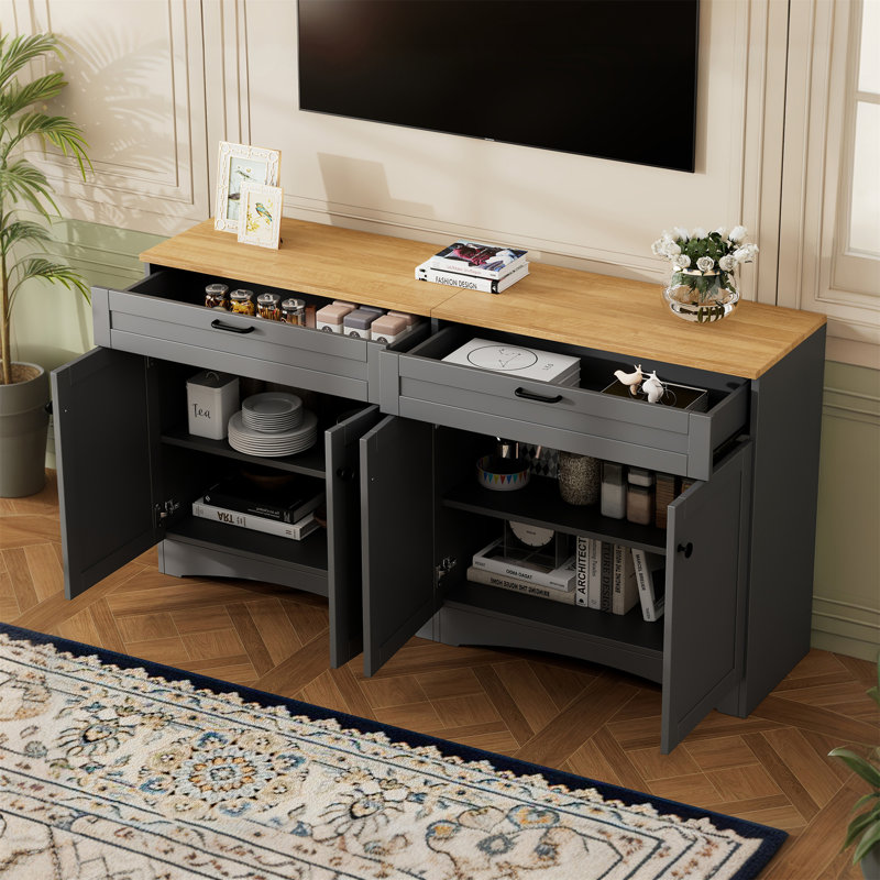 Farmhouse Tv Stand With 2 Drawers And 4 Doors For 70" Tv, Versatile Woodgrain Sideboard With Adjustable Shelves, Gray