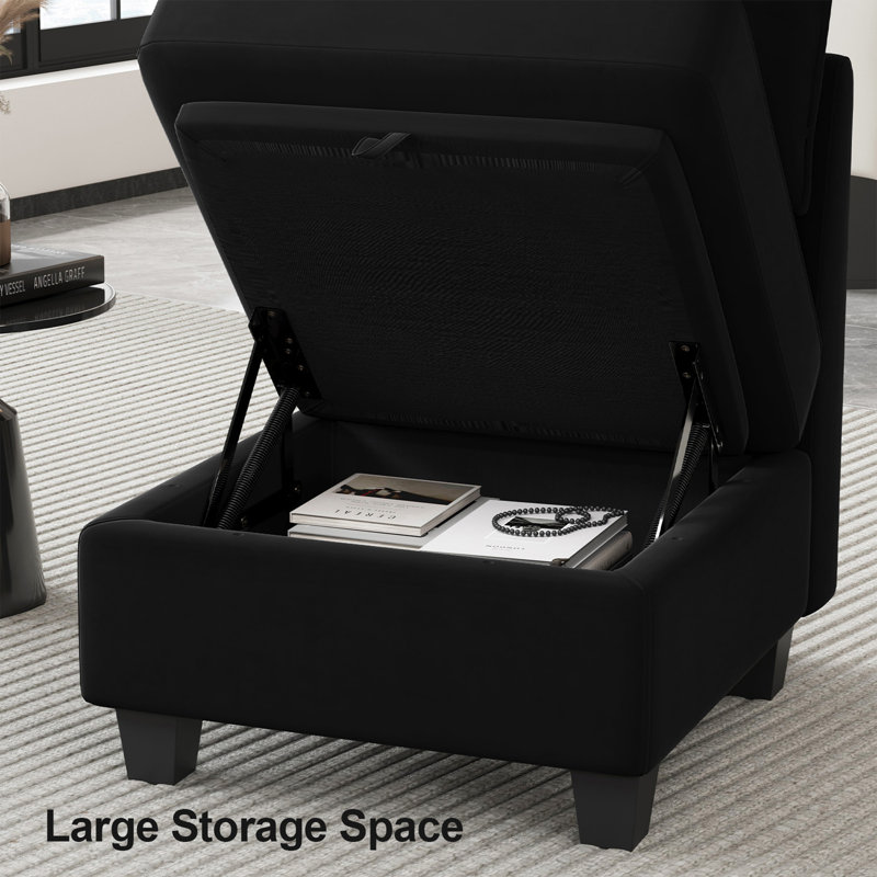 Allinson Velvet Storage Ottoman, Single Seat Footstool Module For Sectional Modular Sofa, Black