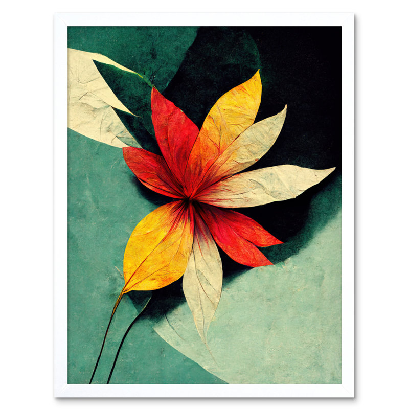 Abstract Flowers Teal Red Yellow 1 Piece Single Picture Frame Wall Art, 25.9cm H x 20.6cm W x 1.5cm D, White Framed Unframed
