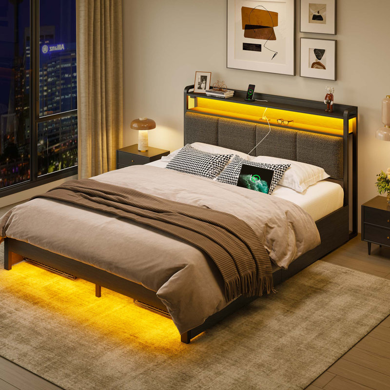 Bed with Headboard and Power Outlets, Upholstered bed with 4 Drawers and RGB LED Lights, Gray, Full/Double