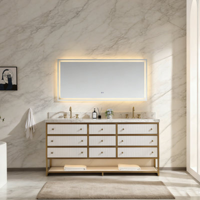 72" Luxury Double Bathroom Vanity With Engineered Stone Top, Dual Undermount Sinks, LED Shelf & 7 Soft-Close Drawers – Black Or White Cabinet With Golden Frame