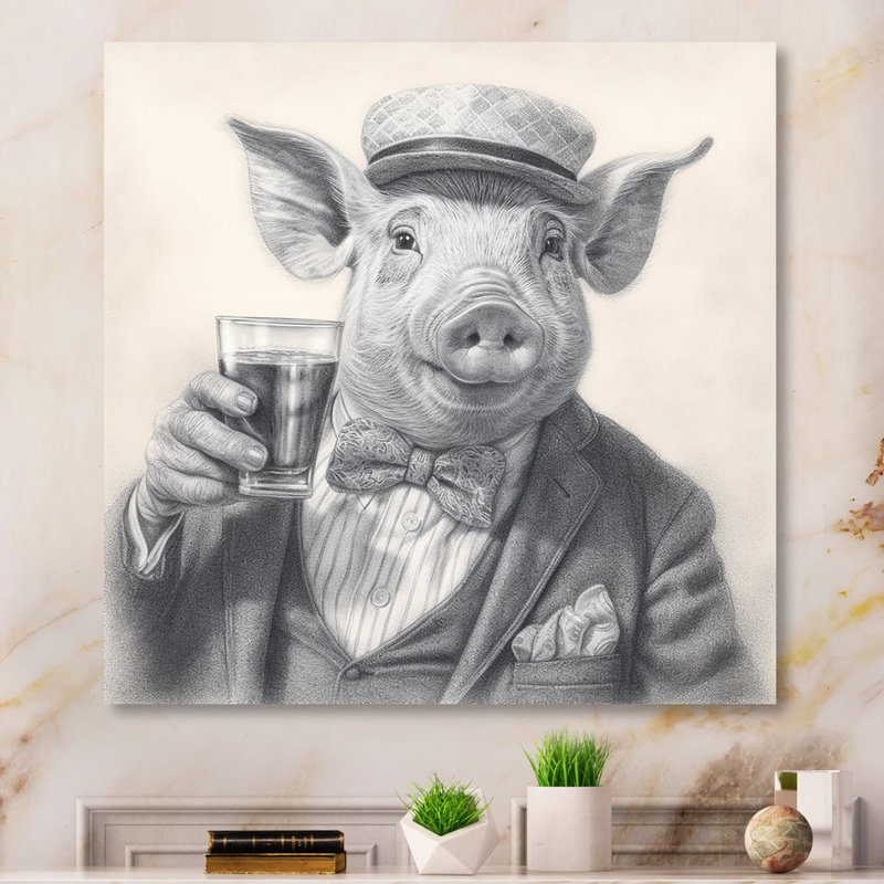 Cochon ayant une boisson II - animaux, reproduction d'art en métal, H 16 po x l 16 po x P 1 po