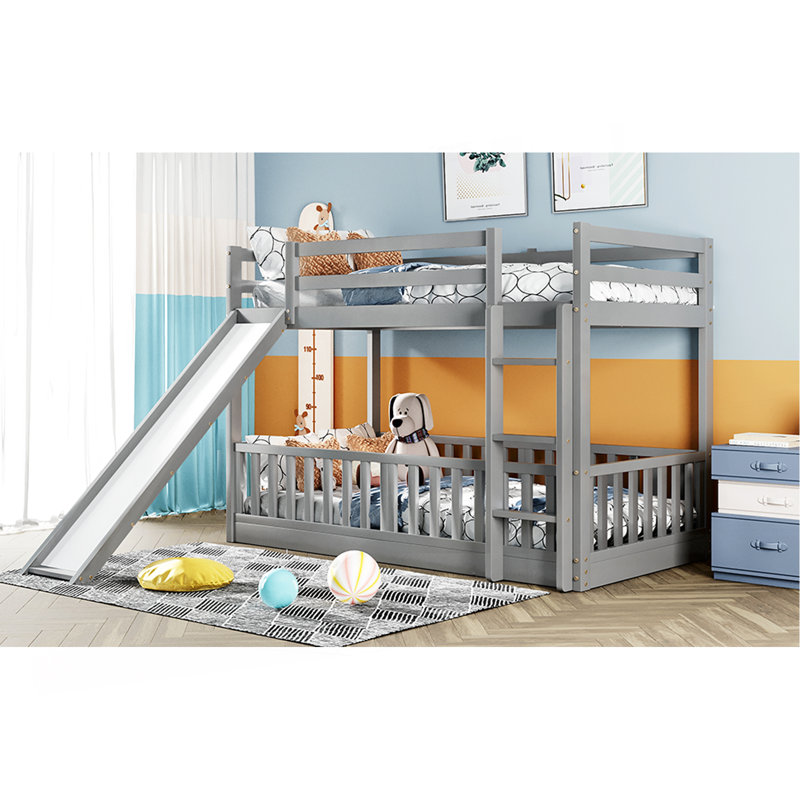 Lit superposé simple au-dessus d'un lit simple avec glissière et échelle, gris, Gris