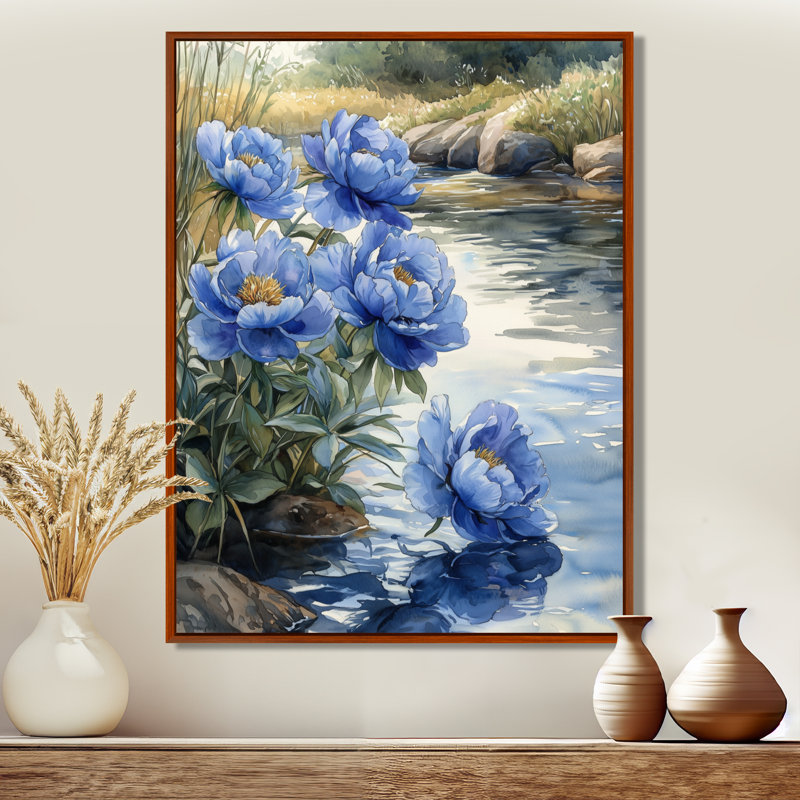 Bleuet bleu pivoines au bord de la rivière I - pivoines, reproduction d'art sur toile encadrée, H 32 po x l 16 po, Brun