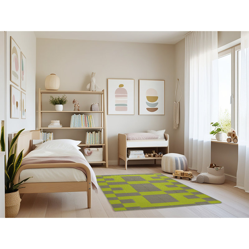 Machine Washable Checkered Green Area Rug, Rectangle 3' x 5'