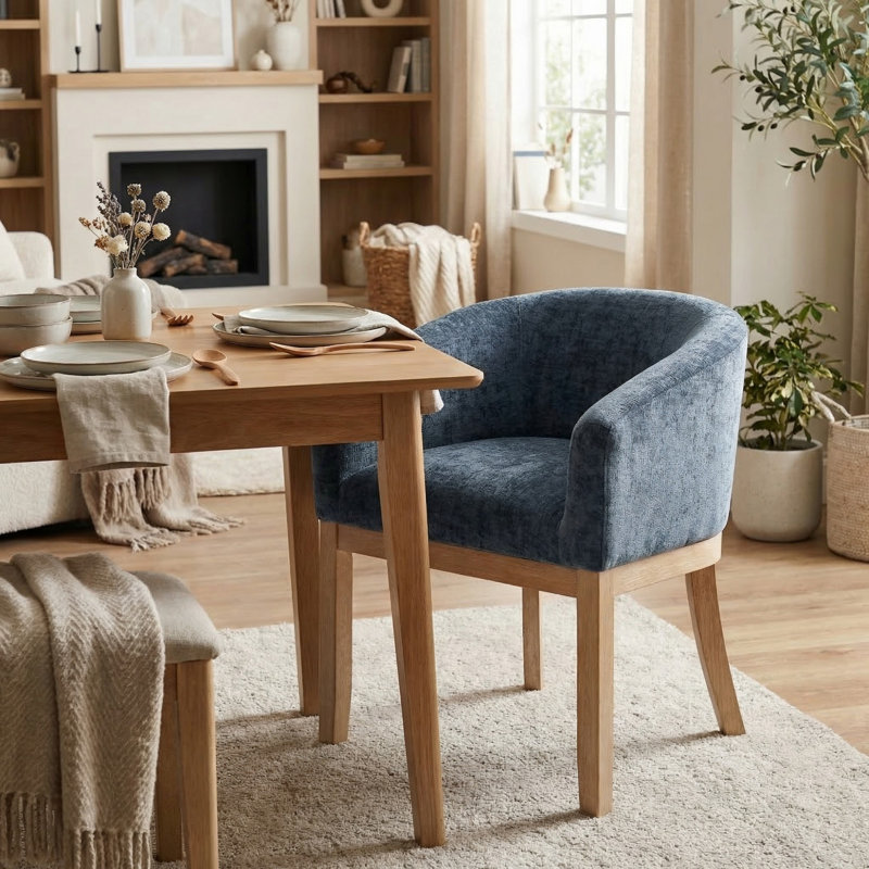 Upholstered Barrel Dining Chair with Arms, 19.32"W Accent Side Armchair for Living Room, Blue