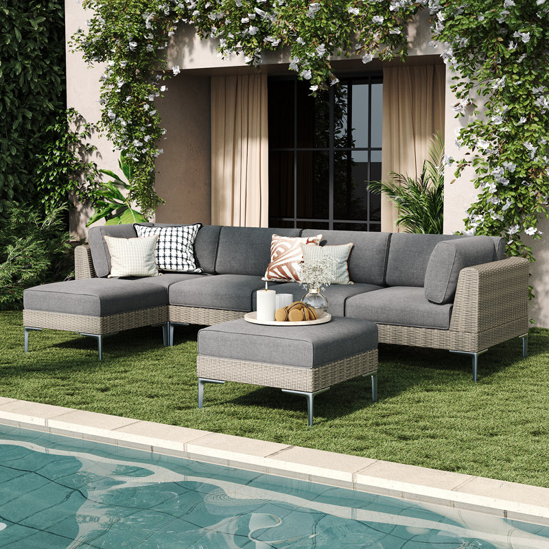  6-piece Wicker Rattan Patio Furniture Set, Deep Seating Outdoor Modular Sectional Sofa Conversation Set With Thick Cushions For Lawn, Garden