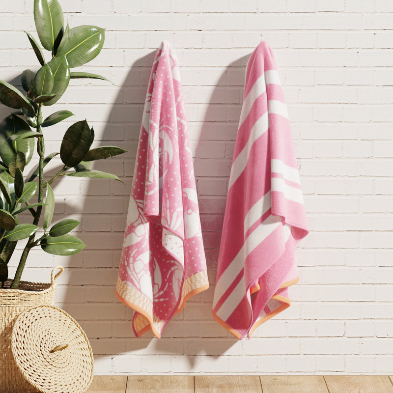 Serviettes de plage 100% jacquard 100% coton, Rose / crabes blancs / rayures