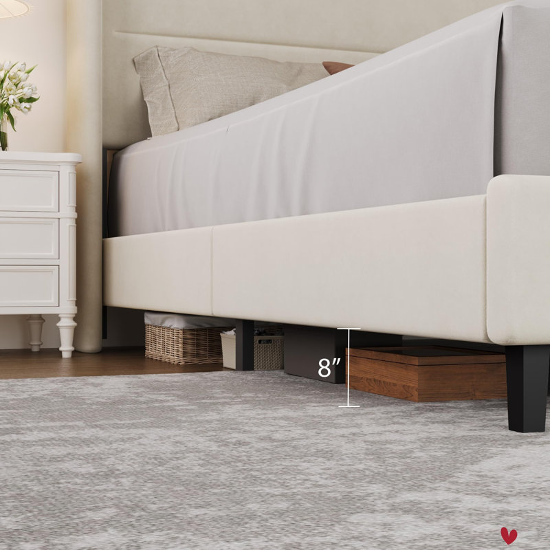 Lit plateforme tapissier en velours, Beige, Grand lit