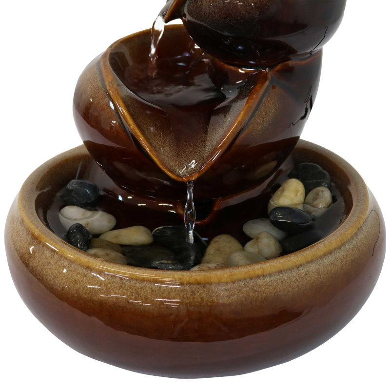 Brown Ceramic Tiered Tabletop Fountain with Decorative Stones
