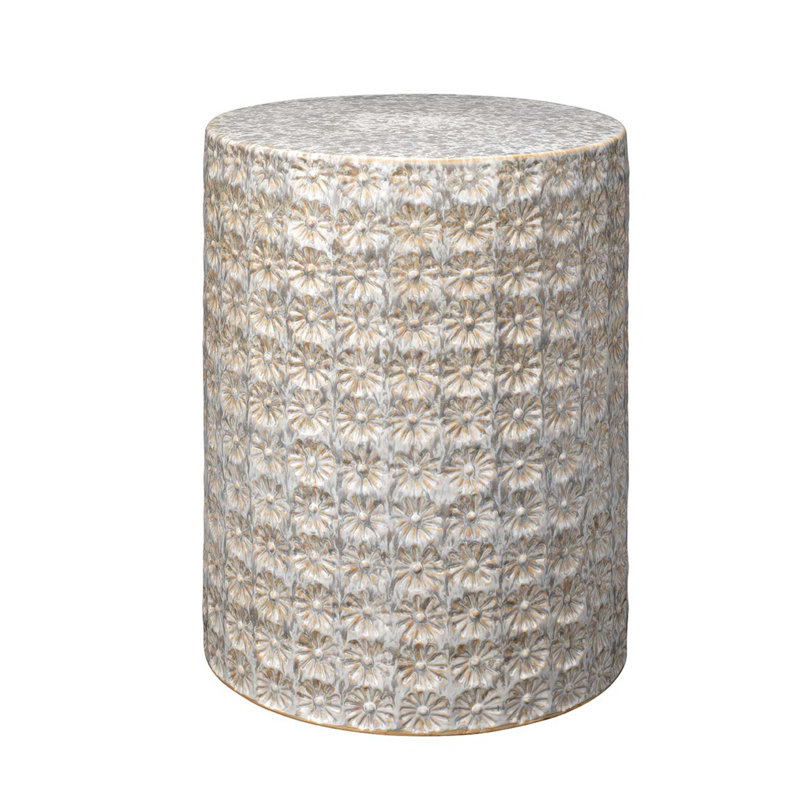 Cream Floral Embossed Ceramic Drum Side Table