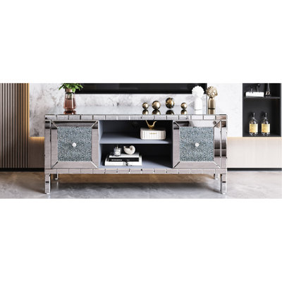 Modern 60-Inch Mirrored Entertainment Furniture, 65-Inch Tv Support, Diamond Glass Doors, Customizable Media Organization Stand Wide, Shimmering Glass, Storage In Living Room