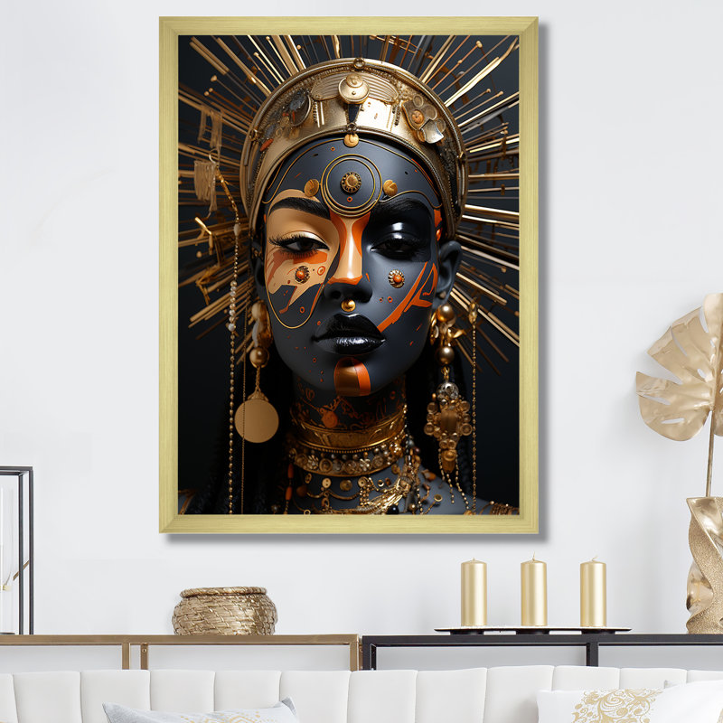 Femme dorée et noire déesse Aura IV - déesse, art mural, Cadre doré simple, H 32 po x l 16 po x P 1 po