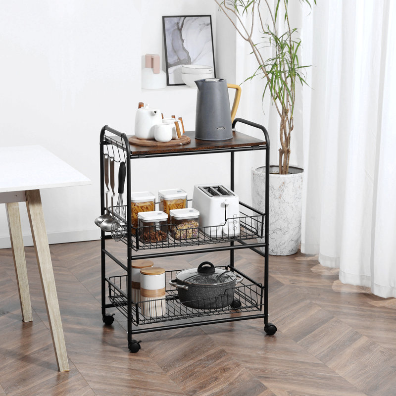3 Tier Rolling Kitchen Cart With Storage, Kitchen Island Cart On Wheels With 2 Sliding Fruit Basket, Microwave Cart With Side Hooks For Dining Room, Walnut