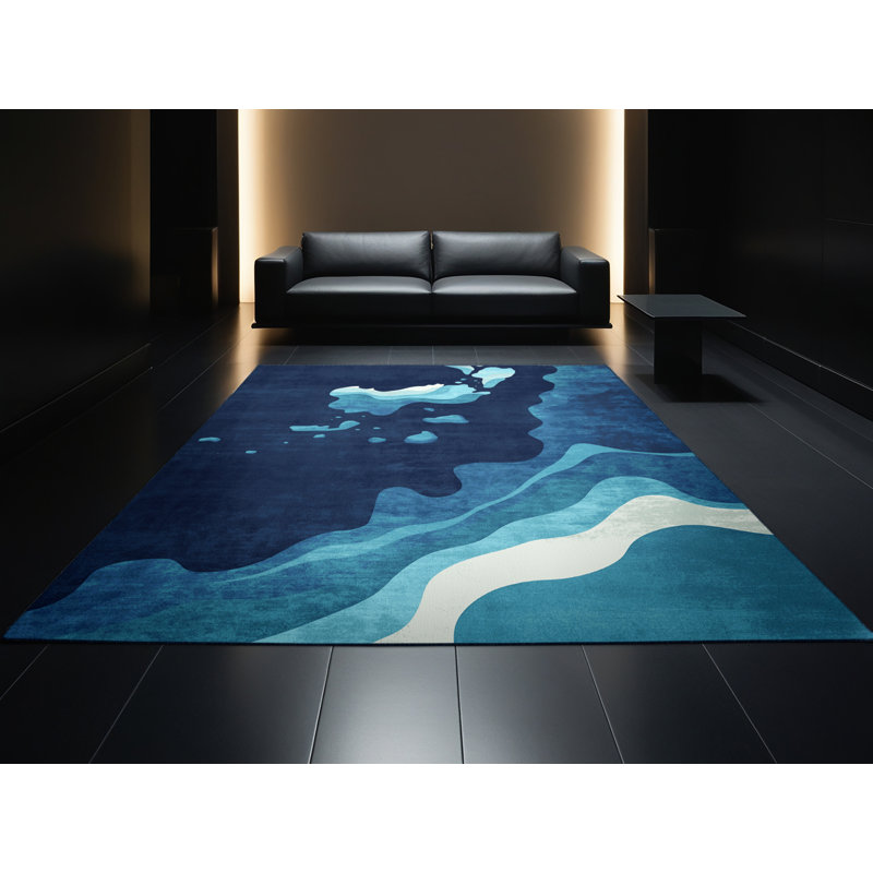 Machine Washable Paublo Whitsunday Islands Coastal Ombre Rug in Blue – Navy Binding, 8x10
