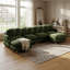 Ensemble de salon modulaire 6 pièces en chenille avec 2 poufs, 8 coussins ronds et pieds en bois massif, vert olive-133422356