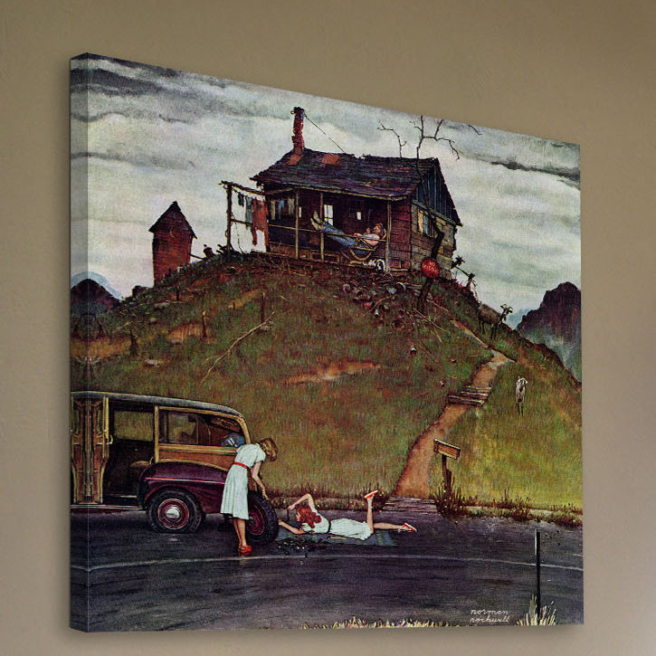 « changing a flat » par norman rockwell, reproduction d’art sur toile tendue, H 18 po x l 18 po