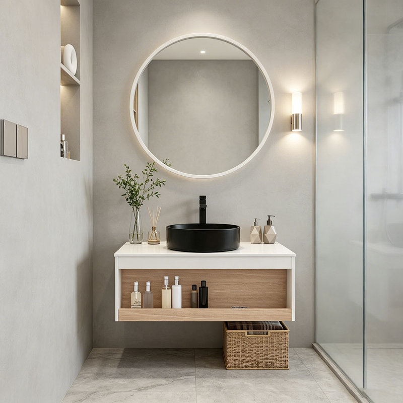 Lavabo vasque rond 36 po, meuble-lavabo mural avec rangement ouvert, finition blanche avec comptoir durable, conception moderne peu encombrante (livré dans 2 boîtes)