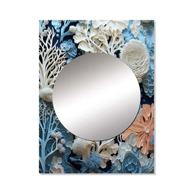 Firasat Under Water Blue And White Corals Collage I - Coastal Large Wall Mirror, Blue Decorative Mirror, Printed Metal Art