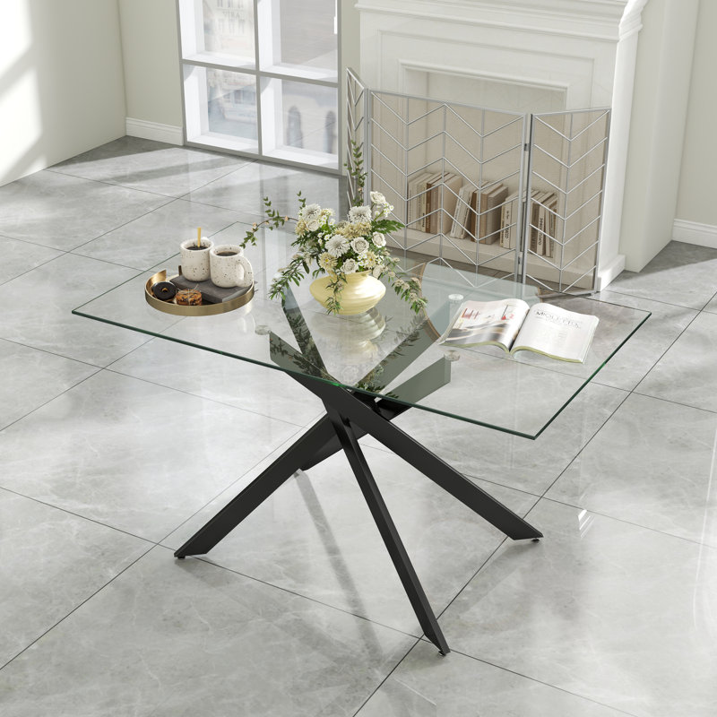 Table de salle à manger rectangulaire en verre trempé avec piédestal en acier inoxydable, H 29,3 po x L 51 po x l 29,5 po