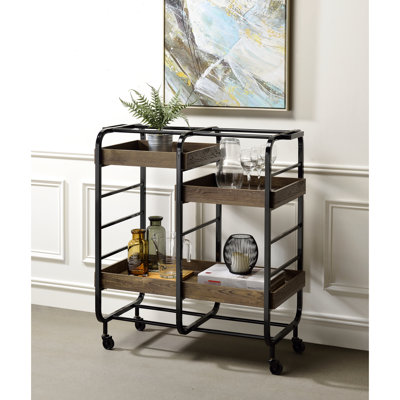 Serving Cart With 3 Wooden Trays On Metal Open Frame Adjustable In & Washed Finish