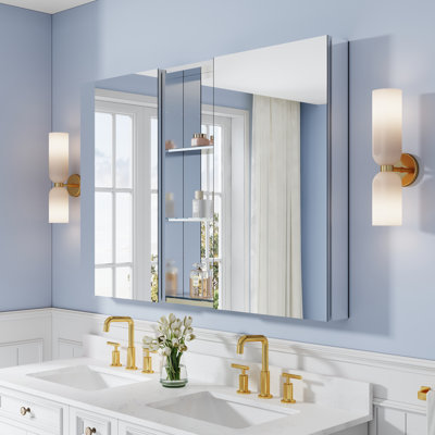 52''W X 36''H Recessed or Surface Wall Mounted Aluminum Mirror Medicine Cabinet With Open Shelf Storage Set