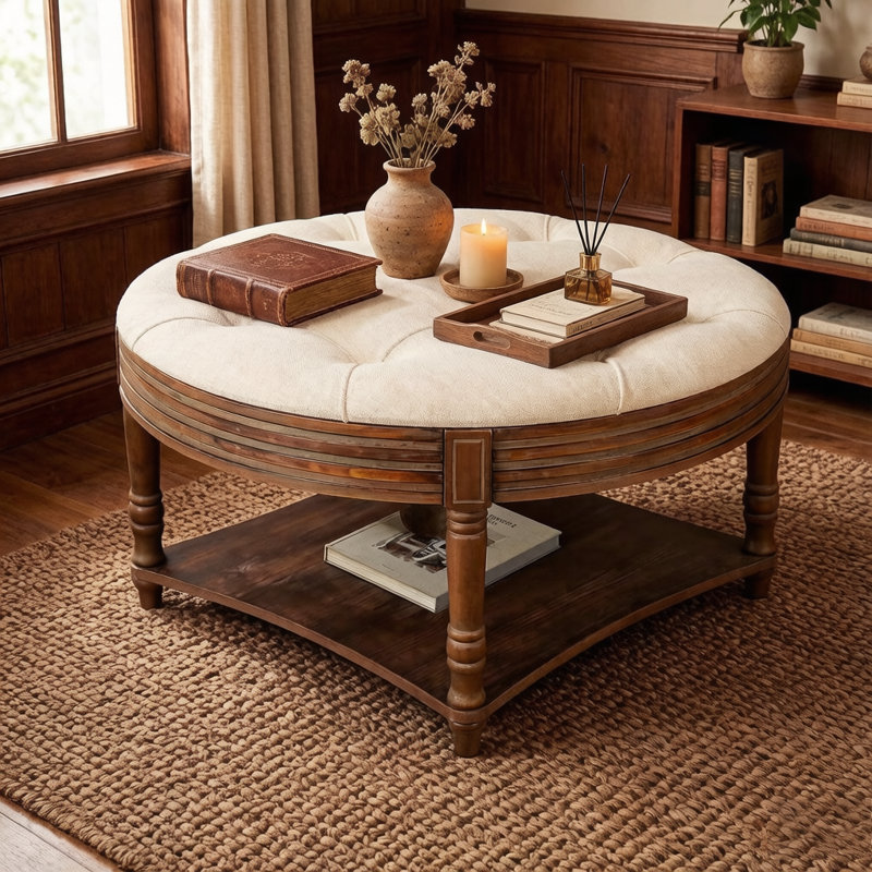 Table basse ottomane à deux niveaux avec rangement dissimulé, pouf de rangement capitonné pour salon ou chambre, beige, Beige