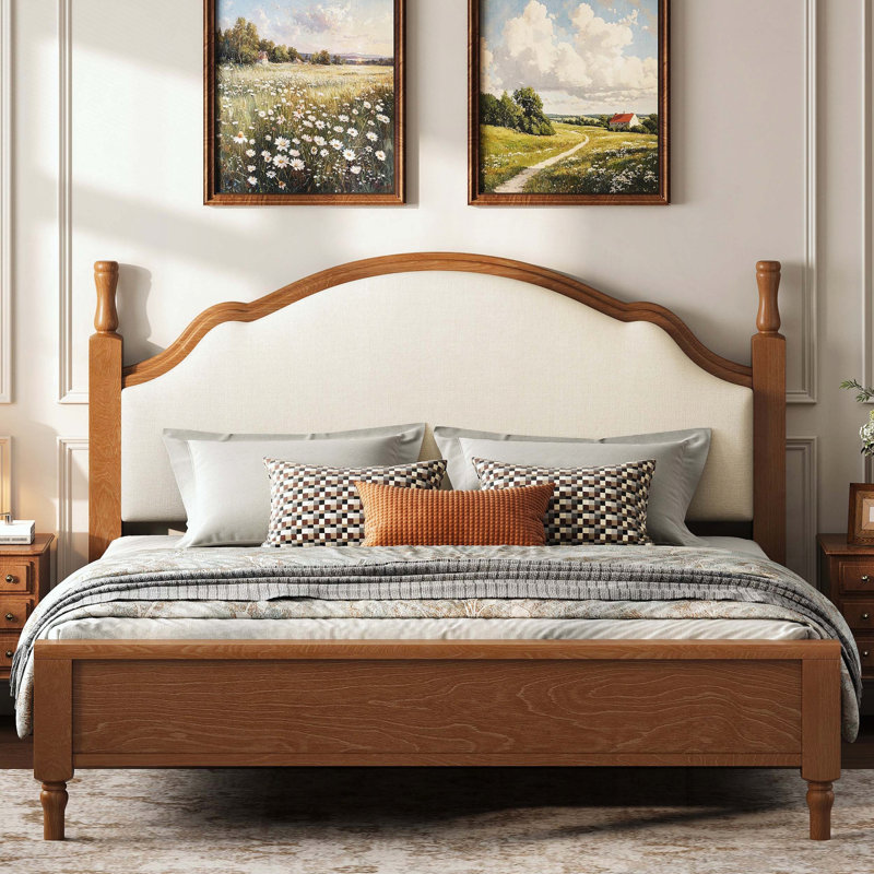 Lit plateforme très grand en bois avec tête de lit tapissier, Très grand lit, Beige/brun