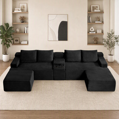 Canapé d'angle modulaire en forme de U sans armature, canapé nuage en tissu velours côtelé avec console de rangement et poufs amovibles, canapé de sol convertible pour salon