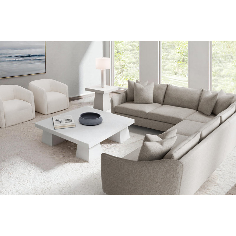 Joli Sectional, Beige Polyester, 32.5" H x 137.5" W x 107.5" D, Dark Brown Wood