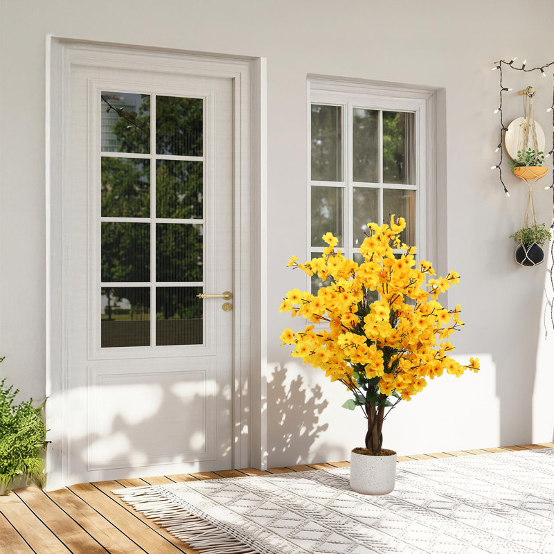 Plante artificielle Wintersweet avec jardinière blanche et fleur de prunier blanche réaliste pour l'intérieur et l'extérieur