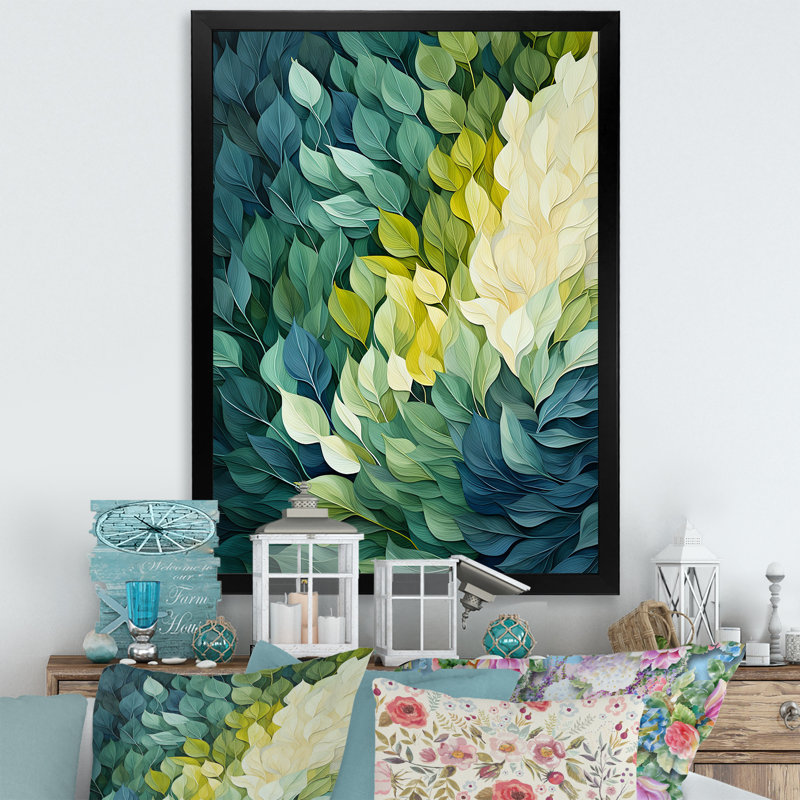 Leaves Green River Collage On Canvas Print, 32" H x 24" W x 1" D, Black Single Picture Framed